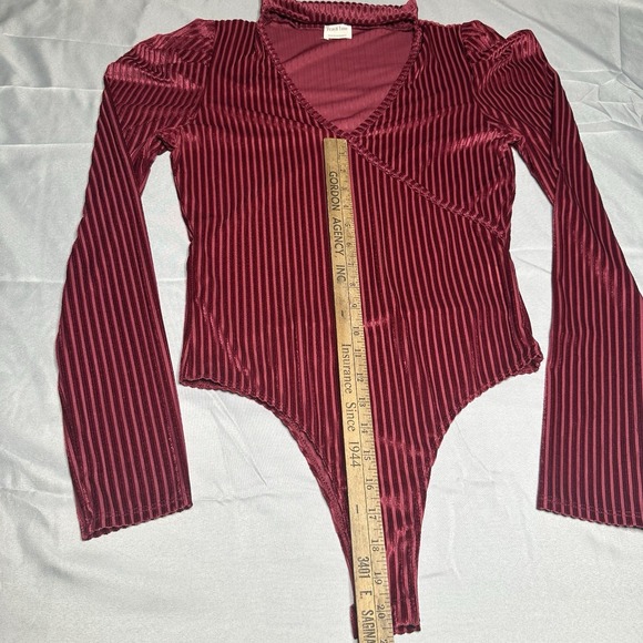 Velvet Burn Out Striped Bodysuit Large Maroon Leg O Mutton Sleeve Collar Neck - Picture 4 of 10